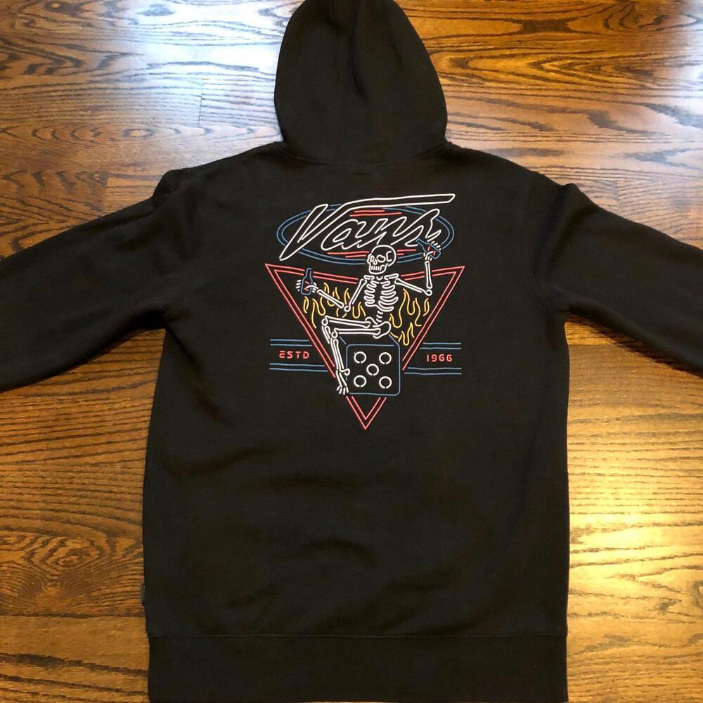 VANS Black Hoodie Sweatshirt With Skeleton Sitting On Dice Est. 1966 - Size Sm